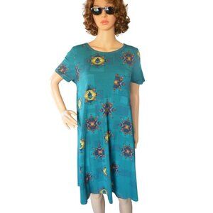 LuLaRoe Teal Green Tribal Print Carly Swing Shirt Dress Women Size Small Boho